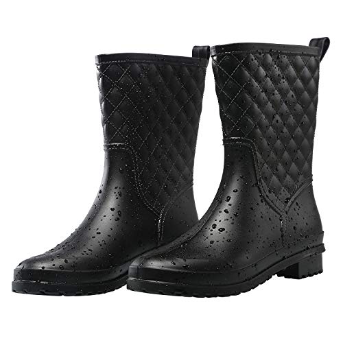 Petrass Women Rain Boots Black Waterproof Mid Calf Lightweight Cute Booties Fashion Out Work Comfortable Garden Shoes - 8.5 - Black