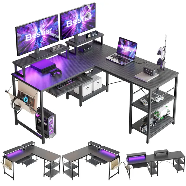 Bestier L Shaped Gaming Desk with Led Light 95.2 Inch Computer Corner Desk or 2 Person Long Table with Shelves Monitor Stand and Keyboard Tray for Home Office, Carbon Fiber