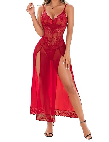 RSLOVE Women Sexy Lingerie Lace Babydoll Mesh Long Chemise Nightwear - XL - Wine Red