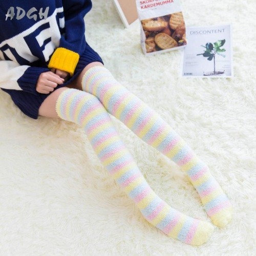 Fuzzy Striped Thigh Highs - Easter Colors