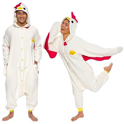 Adult Onesie Halloween Costume - Animal and Sea Creature - Plush One Piece Cosplay Suit for Adults, Women and Men FUNZIEZ! - X-Large - Chicken
