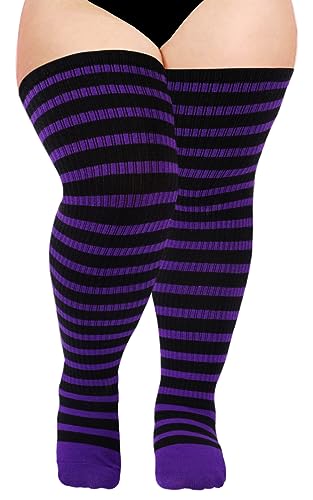 Moon Wood Plus Size Thigh High Socks for Women Knit Cotton Extra Long Halloween Over the Knee High Socks Leg Warmers - One Size Plus - Black & Purple