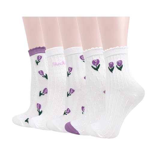 Benefeet Sox Cute Cotton Socks for Women and Girls Fun Cool Patterned Athletic Crew Socks Novelty Casual Dress Socks - One Size - 5 Pack-white With Purple Tulip