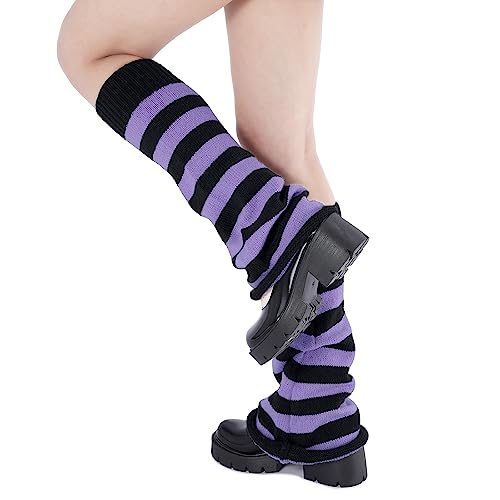 Century Star Leg Warmers for Women Girls Kawaii Y2K Leg Warmers Cutecore Gyaru Leg Warmers Goth Lolita Accessories - Black & Purple Stripes - One Size
