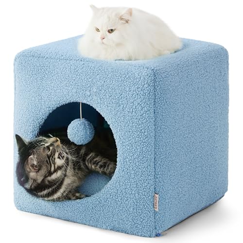 Lesure Cat Bed for Indoor Cats - Fluffy Large Cat House for Kitten and Small Pet, Enclosed Cat Cave with Removable Washable Sherpa Cover, Cute Cat Hideaway with Non-Slip Bottom, 16" x 16" x 16", Blue - Blue