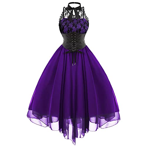 Women's Sleeveless Gothic Lace Dress with Corset Halter Lace Swing Cocktail Dress - XX-Large - Purple