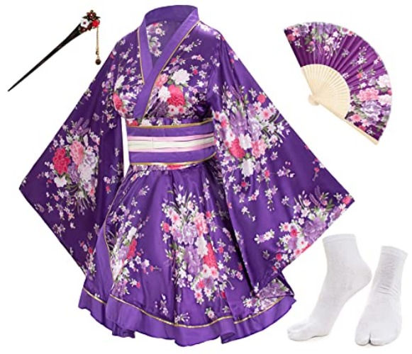 Elibelle Japanese Anime Women's Dance Kimono Robe Fancy Dress Hand Held Silk Folding Fans Tabi Hairstick Socks set - Plus size(Tag 5XL) - Purple--type1