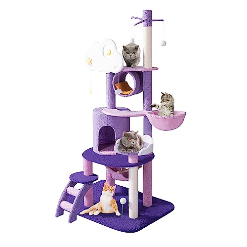 Cat Tower, Purple Cat Tree for Indoor Activity Cats, 67 Inches Multi-Level Cat Condos with Scratching Post and Comfortable Plush Hammock for Cute Large Cats Kitten House