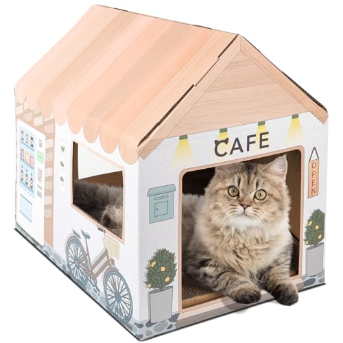 LiBa Cardboard Cat House with Scratch Pad and Catnip, Cat Scratcher for Indoor Cats, Cat Bed, Cat Scratching Board, Cat Gifts for Cats - Cat Café - D. Cat Café