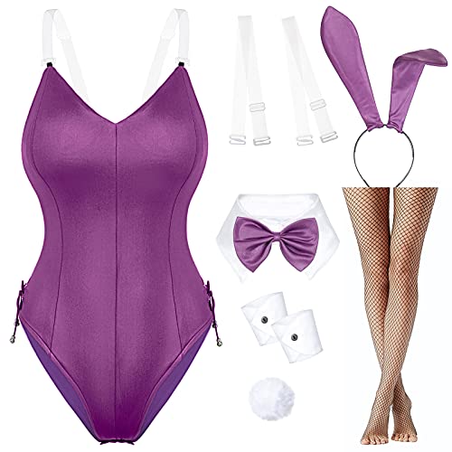 Womens Bunny Costume Girl Bodysuit Anime Role Costume Senpai Cosplay Bodysuit One Piece Stockings Set（Purple 2XL - XX-Large - Purple