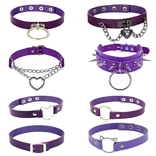 WeeH Gothic Choker Set for Women and Girls - Pack of 8pcs Black PU Choker Punk Rock Necklace Vintage Collar Cosplay Choker Costume Accessory - Purple