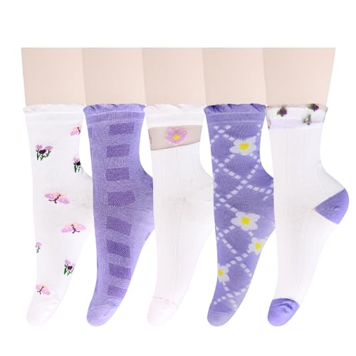 Violet Mist Novelty Funny Floral Socks for Women Girls Cute Crew Socks Colorful Flower Patterned Cotton Socks Christmas Gifts - One Size - Purple Floral-5pack