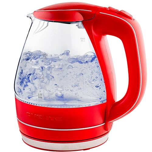 OVENTE Glass Electric Kettle Hot Water Boiler 1.5 Liter Borosilicate Glass Fast Boiling Countertop Heater - BPA Free Auto Shut Off Instant Water Heater Kettle for Coffee & Tea Maker - Red KG83R - Red