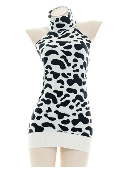 Woman Sexy Lingerie Japanese Style Cow Pattern Black and White Hedging Turtleneck Back-Strapped Long Sweater Wrap Skirt Homewear Pajama Sleepwear