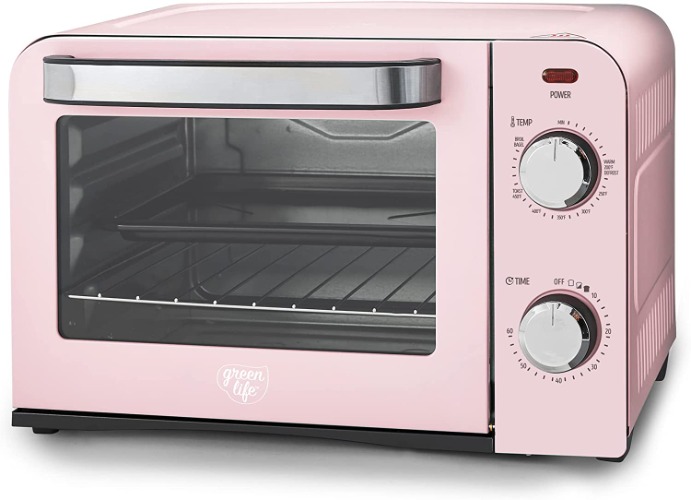 Green Life Mini Oven, Pink, Healthy Ceramic Nonstick, Compact Size, Bake, Broil, Toast, Pizza Capability, Aluminized Steel Baking Pan, Stainless Steel Baking Rack, Chromed Steel Pan Handle - Pink