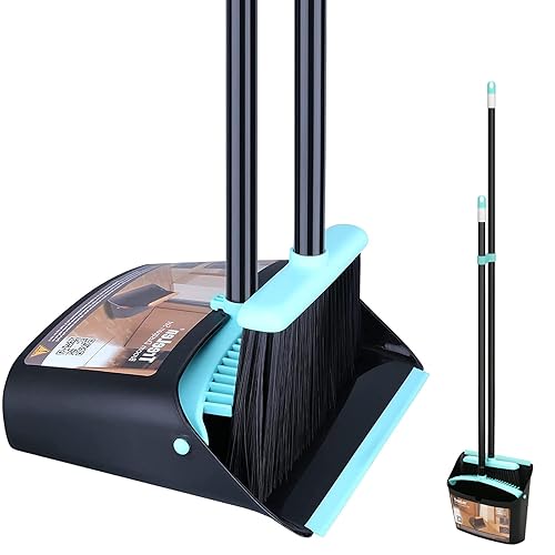 Broom with Dustpan Combo Set,Dust pan with Broom Combo Set,Standing Dustpan and Broom with 54” Long Handle for Indoor Lobby Office Kitchen Sweeping - Blue Broom and Dustpan Set