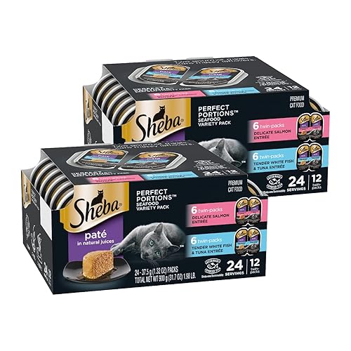 SHEBA PERFECT PORTIONS Wet Cat Food Paté in Natural Juices Delicate Salmon Entrée & Tender Whitefish & Tuna Entrée Variety Pack, (24) 2.6 oz