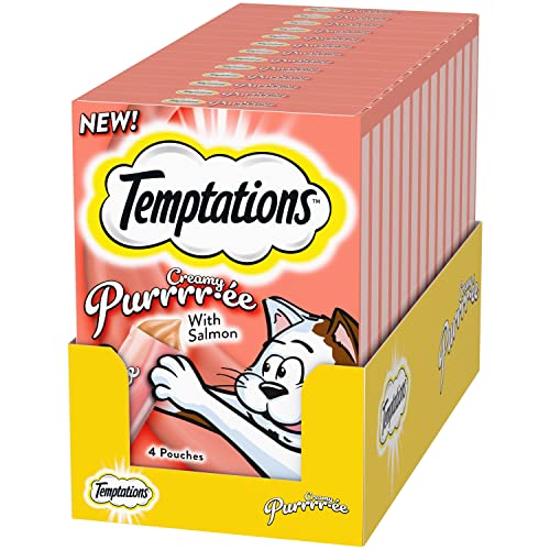 Temptations Creamy Puree with Salmon Lickable, Squeezable Cat Treats, 0.42oz Pouches, 4 Count (Pack of 11) - Salmon - 4 Count (Pack of 11)