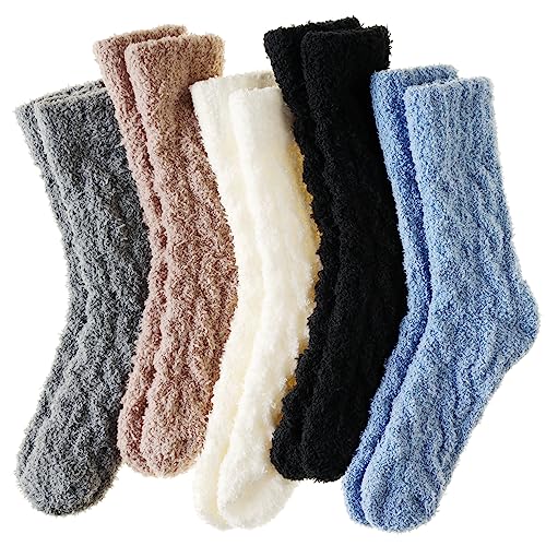 Velice Womens Fuzzy Socks Soft Cozy Fluffy Slipper Socks Winter Warm Plush Sleeping Christmas Socks 5 Pairs - One Size - Black/Grey/Blue