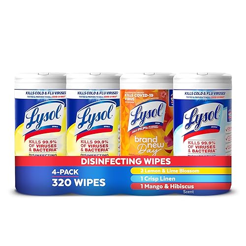 Lysol Disinfecting Wipes Bundle, Home Apartment Dorm Room Essentials and Cleaning Supplies, All Purpose Cleaner, Multi-surface Cleaning Wipes, Multi-Scent Sanitizing Wipes Bundle, 80 Count (4pk) - Lemon Lime + Mango Hibiscus + Crisp Linen
