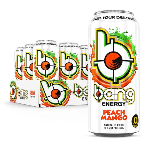 Bang Peach Mango Energy Drink, 0 Calories, Sugar Free with Super Creatine, 16oz, 12 count (Pack of 1) (Package may vary) - Peach Mango