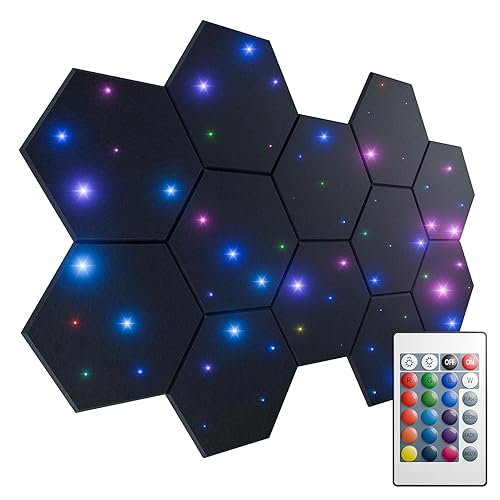 ZenSonic 12 Pack Self-adhesive Sound Proof Foam Panels for Walls 12" X 10" X 0.4" - Hexagon Acoustic Panels with Fiber Optic Starlight, Stylish Soundproof Wall Panels Absorb Noise and Wall Decor Black - 12 Pack 0.4 Inch with light - Black