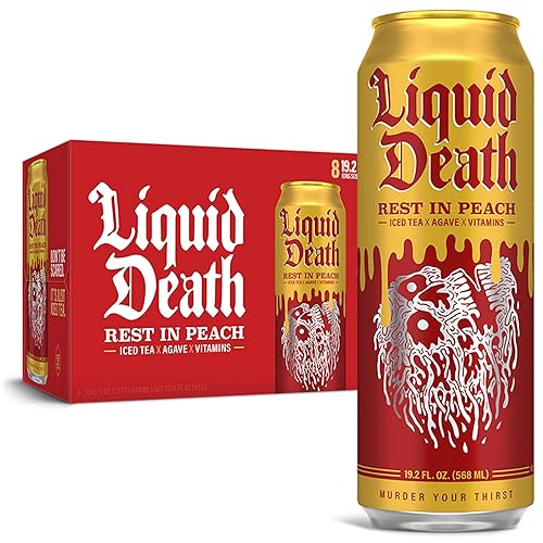 Liquid Death, Rest in Peach Iced Tea, 8-Pack (19.2oz Cans), Peach Flavored Back Tea, Low Calorie, No Artificial Sweeteners, B12 & B6 Vitamins - Rest in Peach - 19.2 Fl Oz (Pack of 8)