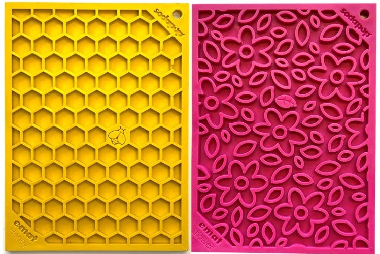 Small Pink Flower Power & Small Yellow Honeycomb eMat Lick Mat Bundle - Small Flower Power - Small Honeycomb