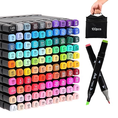 Kebuye 100 Colors Alcohol Markers Set, Dual Tips Blender Art Markers for Drawing Sketching Coloring Artist Pens and Underlining, Professional Permanent Sketch Markers for Kids Adult Coloring