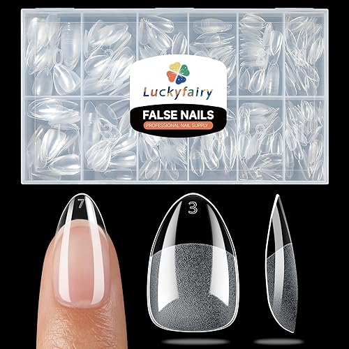 Luckyfairy Short Almond Fake Nails, 504pcs Soft Gel Pre-Shaped Acrylic Nail Tips, Half Matte Full Cover Clear Gelly Press on Flase Nail Tips for Extension Nail Manicure Home DIY 12 Sizes Gelly Tips - A-ShortAlmond