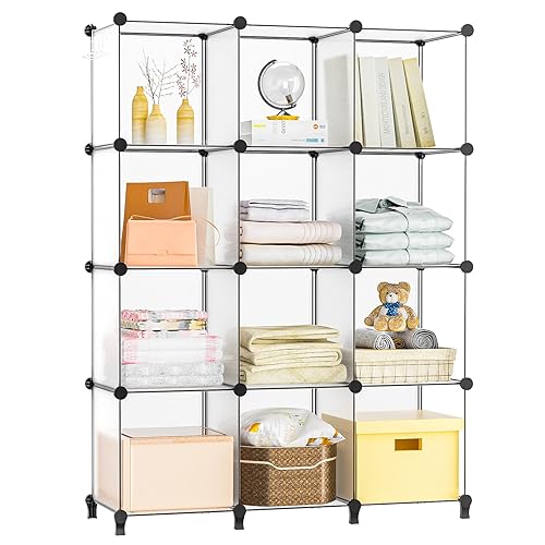 Neprock 12 Cube Storage Shelf, Closet Organizers Storage Shelves Bookcase Bookshelf, DIY Plastic Storage Cubes Display Shelf Closet Organizers and Storage for Bedroom, Closet, Bathroom (Translucent) - Translucent