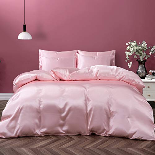 P Pothuiny 5 Pieces Satin Duvet Cover Full/Queen Size Set, Luxury Silky Like Blush Pink Duvet Cover Bedding Set with Zipper Closure, 1 Duvet Cover + 4 Pillow Cases (No Comforter) - Full/Queen - Blush Pink (No Comforter)