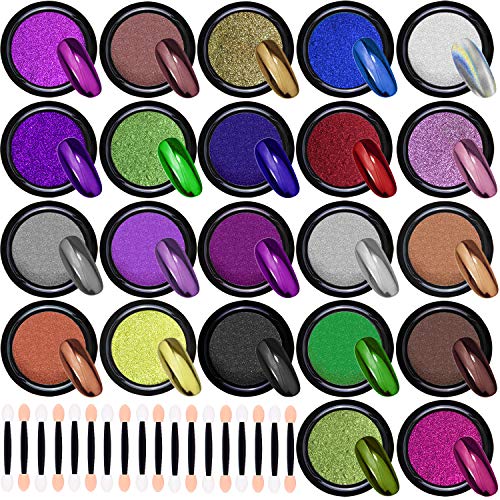 Duufin 22 Colors Chrome Nail Powders Metallic Nail Powder Mirror Effect Nail Art Chrome Powder with 22 Pcs Eyeshadow Sticks, 1g/Jar - Chrome