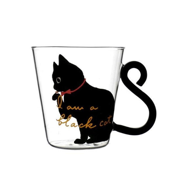 Glass Cat Mug Cute Black Cat Mug Gifts for Cat Owners - Black