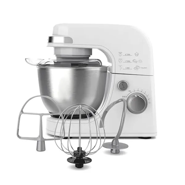 Hamilton Beach Electric Stand Mixer, 4 Quarts, Dough Hook, Flat Beater Attachments, Splash Guard 7 Speeds with Whisk, White