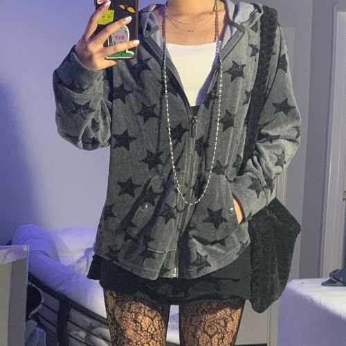 'Slaying' Grunge Grey Star Zipped Hoodie - as picture / XL