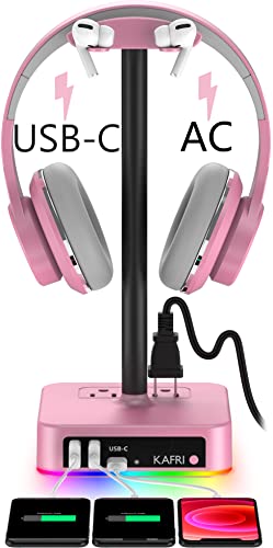 KAFRI RGB Headphone Stand with USB Charger Desk Gaming Headset Holder Hanger Rack with 3 USB Charging Port and 2 Outlet - Suitable for Gamer Desktop Table Game Earphone Accessories Girlfriend Gift - Pink