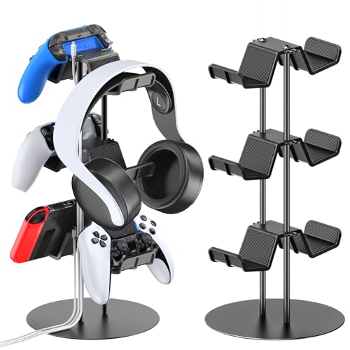 Kytok Controller Stand 3 Tiers with Cable Organizer for Desk, Universal Controller Display Stand Compatible with Xbox PS5 PS4 Nintendo Switch, Headset Holder & Desk Mounts for 6 Packs Controller - 3 tiers