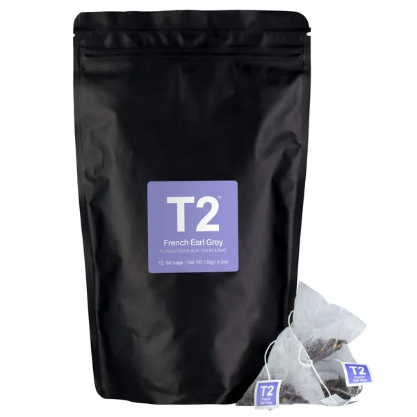 T2 Tea French Earl Grey Black Tea Bags in Foil Refill Bag, 60-count