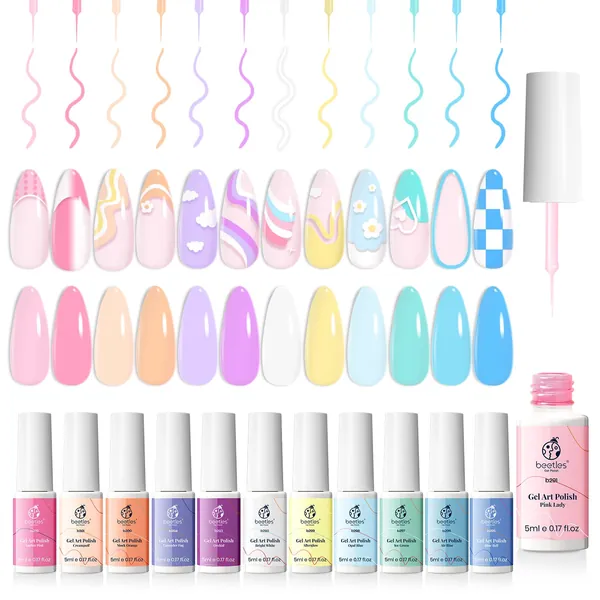 beetles Gel Polish Nail Art Liner Set Nude Pink Pastel Blue Light Green Glitter Colors Paint Swirl Built Thin Brush in Bottle Soak off Led Lamp Manicure Kits