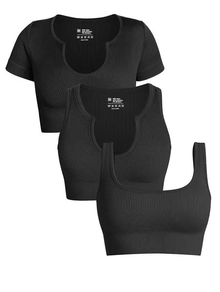 GXIN Women's Seamless Ribbed Workout 3 Piece Sets Yoga Short Sleeve Tops + Sexy Sport Bra + Gym Casual Running Tank Tops