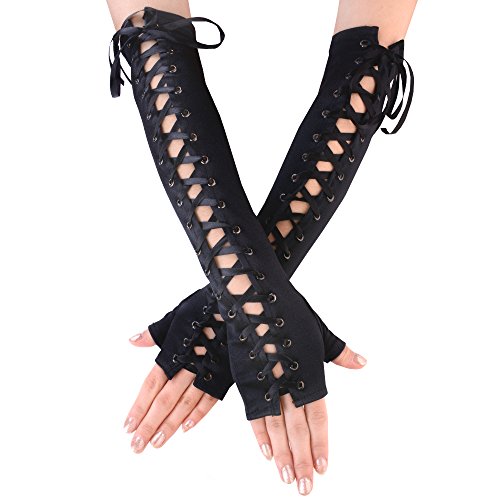 JISEN Womens Fingerless Gloves Elbow Lace Up steampunk Costume Arm Warmer - Satin Black