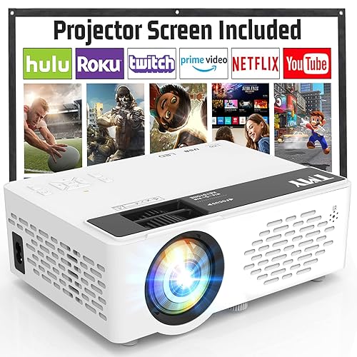 TMY Mini Projector, Upgraded Bluetooth Projector with Screen, 1080P Full HD Portable Projector, Movie Projector Compatible with TV Stick Smartphone/HDMI/USB, indoor & outdoor use - no Apps