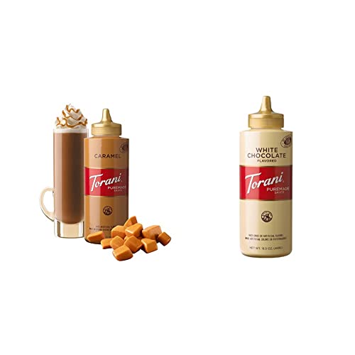 Torani Caramel Squeeze Sauce, 16.5 Fluid Ounce & White Chocolate Squeeze Sauce, 16.5 Fluid Ounce (1 pack) - Squeeze Sauce + White Chocolate Sauce