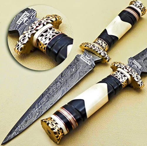 NoonKnives: Hand Made Damascus Steel Collectible Knife Handle Camel Bone with Brass Inserts (blackandwhite) - blackandwhite