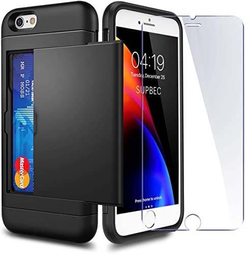SUPBEC iPhone SE 2022 Case, iPhone 7/8 / SE 2020 Case with Card Holder and[ Screen Protector Tempered Glass X2] iPhone SE 2 / SE 3 Wallet Case Shockproof Silicone TPU + Hard PC Full Protective-Black - Black - Apple iPhone SE 2022 / SE 2020 / 7 /8 (4.7")