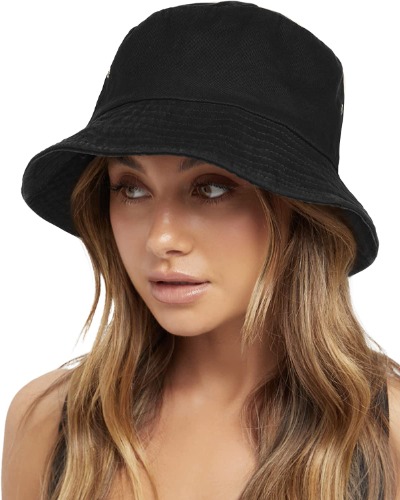 FURTALK Bucket Hats for Women Washed Cotton Packable Summer Beach Sun Hats Mens Womens Bucket Hat with Strings for Travel - Black Medium-Large