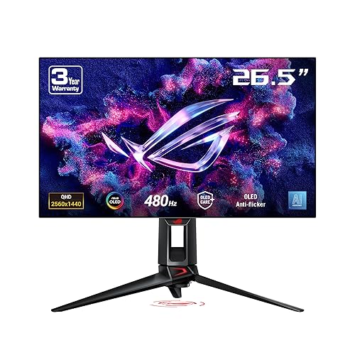 ASUS ROG Swift OLED 27” 1440P Gaming Monitor (PG27AQDP) - WOLED, QHD, 480Hz, 0.03ms, G-SYNC Compatible, Custom Heatsink, AI Assistant, DisplayHDR400 True Black, 99% DCI-P3, True 10-bit, DisplayWidget - 27" OLED QHD 0.03ms 480Hz G-SYNC True 10-bit