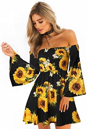 ONEYIM Women's Dress Summer Floral Long Sleeve Off Shoulder Casual Mini Dresses - Sunflower-bk X-Large