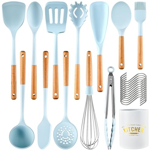Keidason Kitchen Cooking Utensils Set, 13 Piece Wooden Handle Silicone Cookware Set with Stand,Nonstick Heat Resistant Silicone Tool Set - Morandi Blue（ BPA Free） - Blue